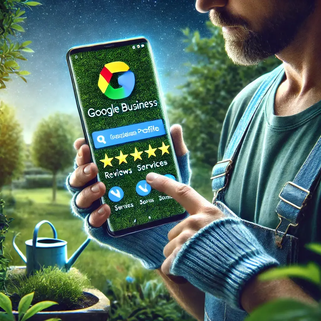 A landscaper showing off his fully optimized google business profile that increases his seo reults